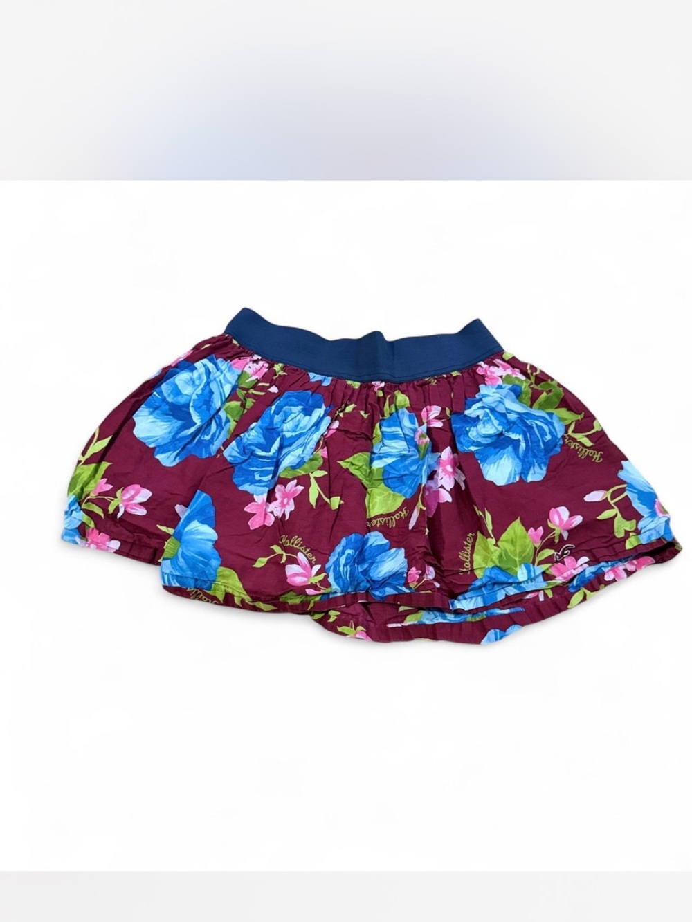 Hollister Y2K Floral Mini Skirt M Burgundy Blue Flowy Elastic Waist